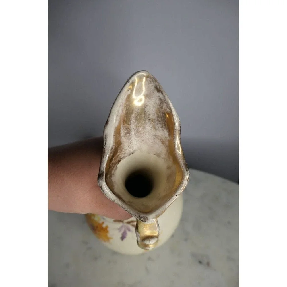 Antq Art Nouveau Ewer Gold Painted Floral Pitcher Ornate Handle Unmarked Cottage